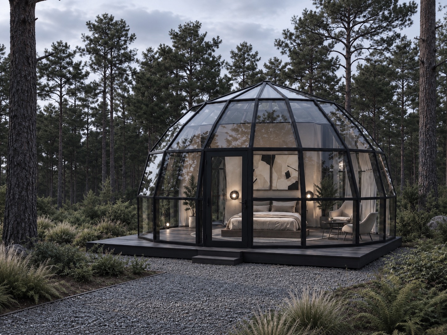 Остеклённый глэмпинг-купол SkyLodge 6, 28–35 m²