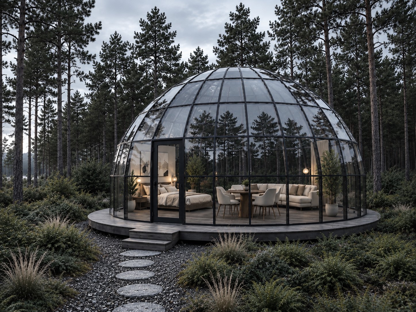 Остеклённый глэмпинг-купол SkyLodge 8, 50–70 m²
