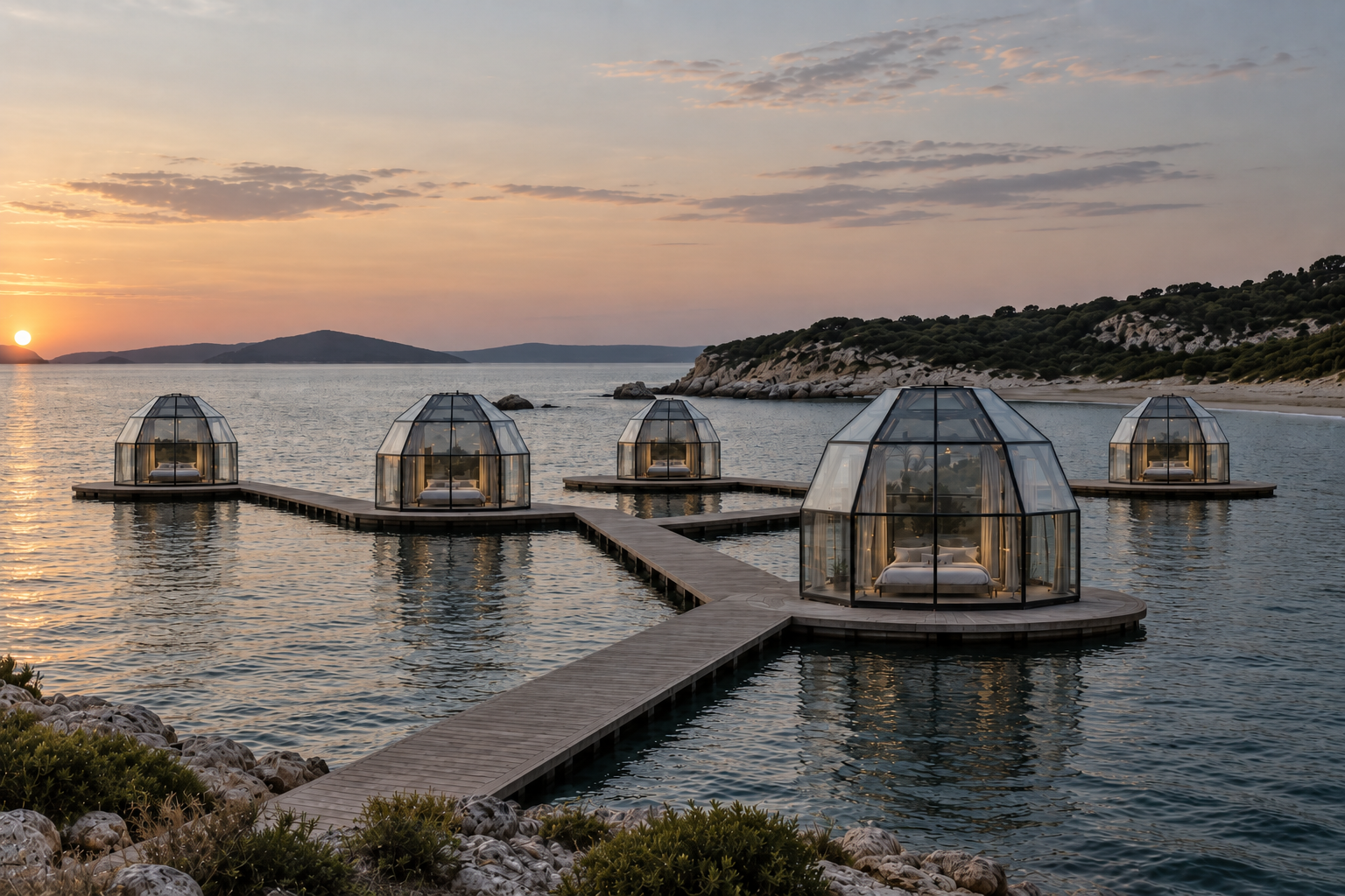A SkyLodge dome on a BulDock floating platform