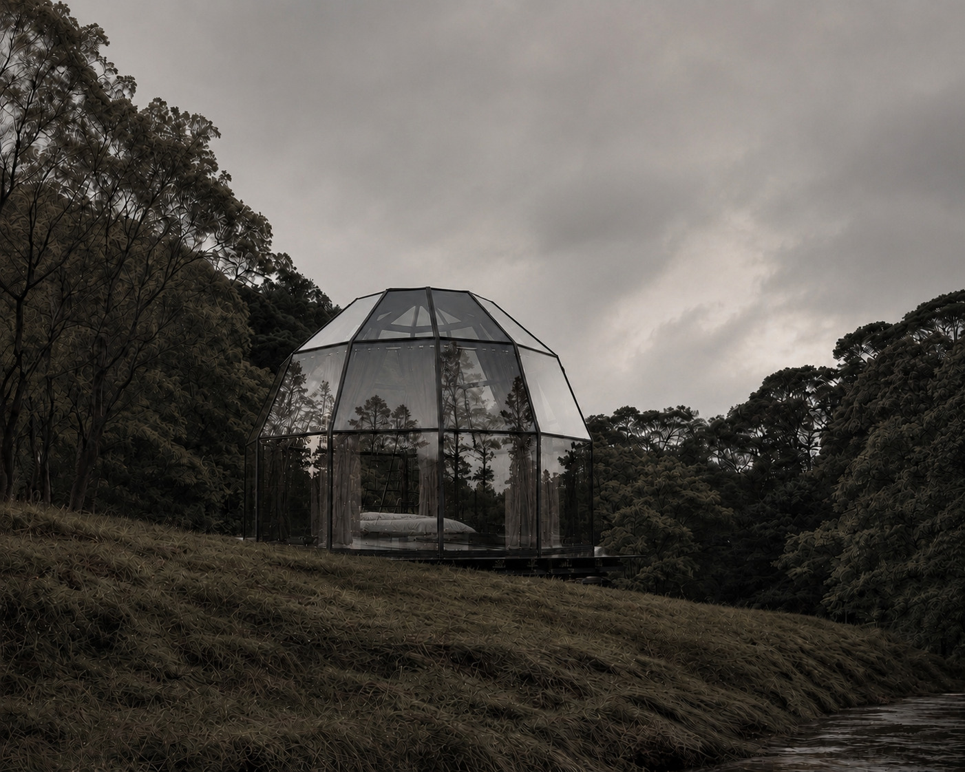 A dome on a hillside clearing, curtains drawn back, the bed facing the valley