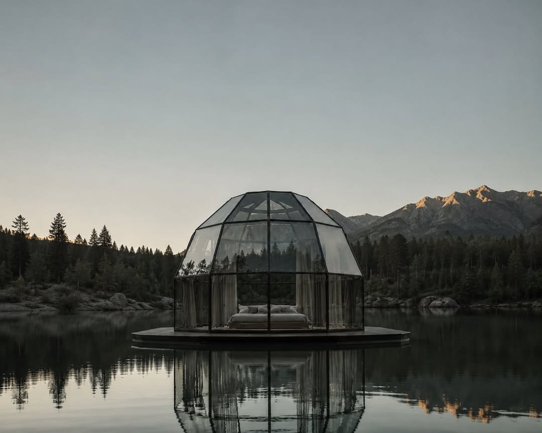 A floating dome on a mountain lake at first light