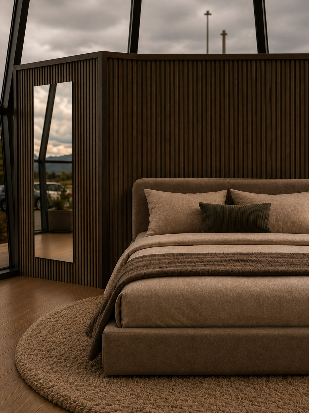 The bedroom: a slatted timber headwall with a full-height mirror