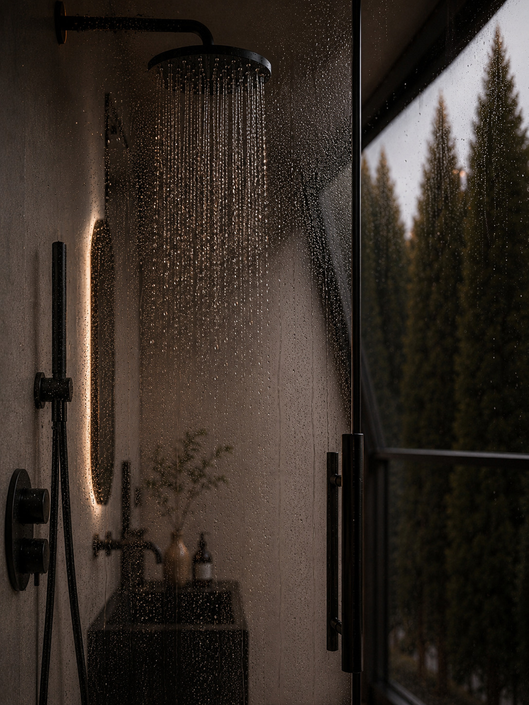 The shower: a rain head, matt-black fittings and the forest behind the glass