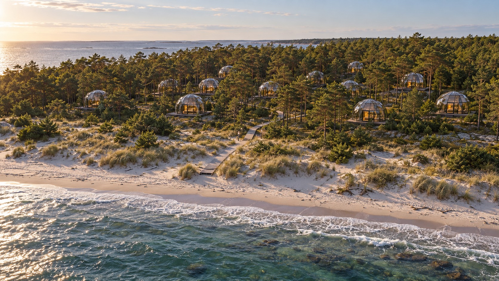 I vostri 147 m di riva baltica, le cupole tra i pini dietro