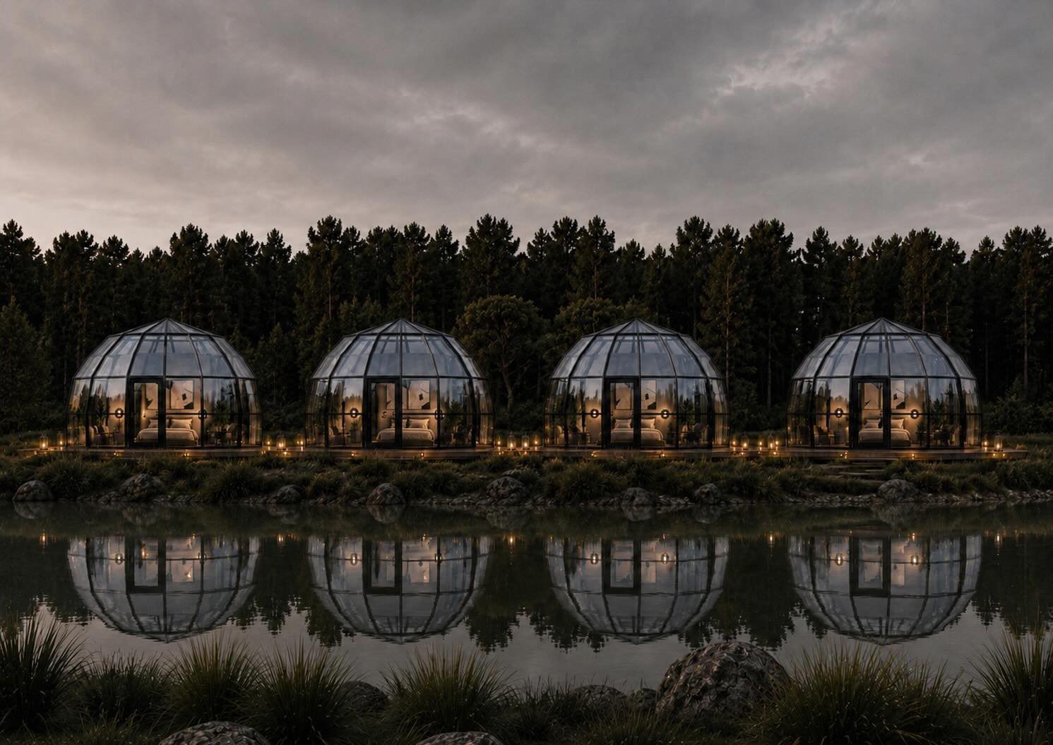 Domes on a lake shore, mirrored in the still water