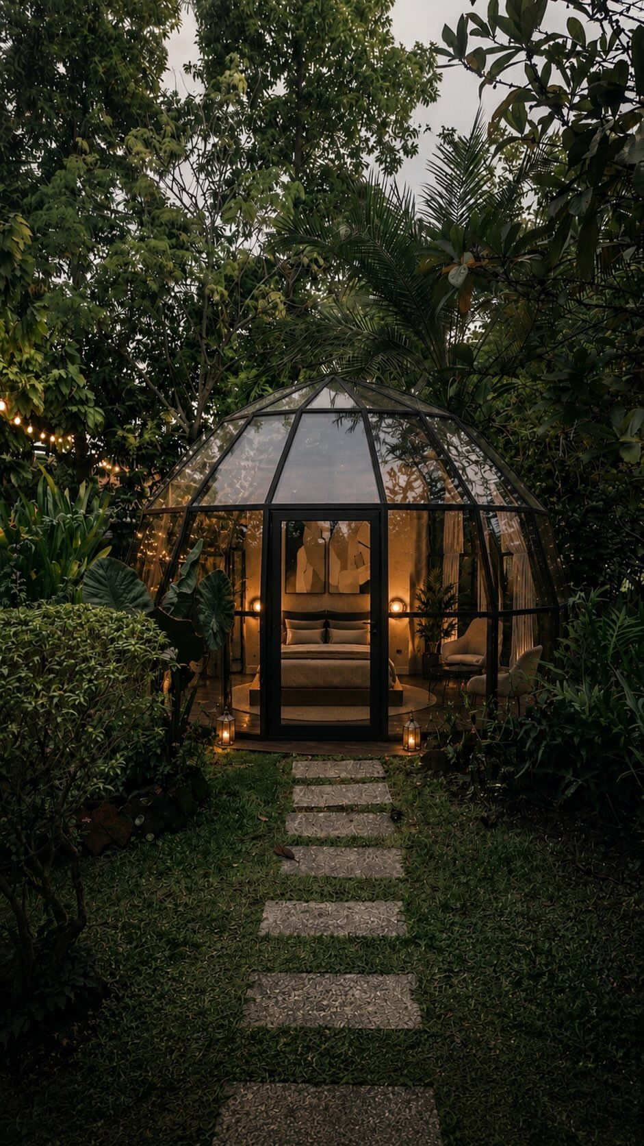 The entrance along a stone path, garden lighting after dark