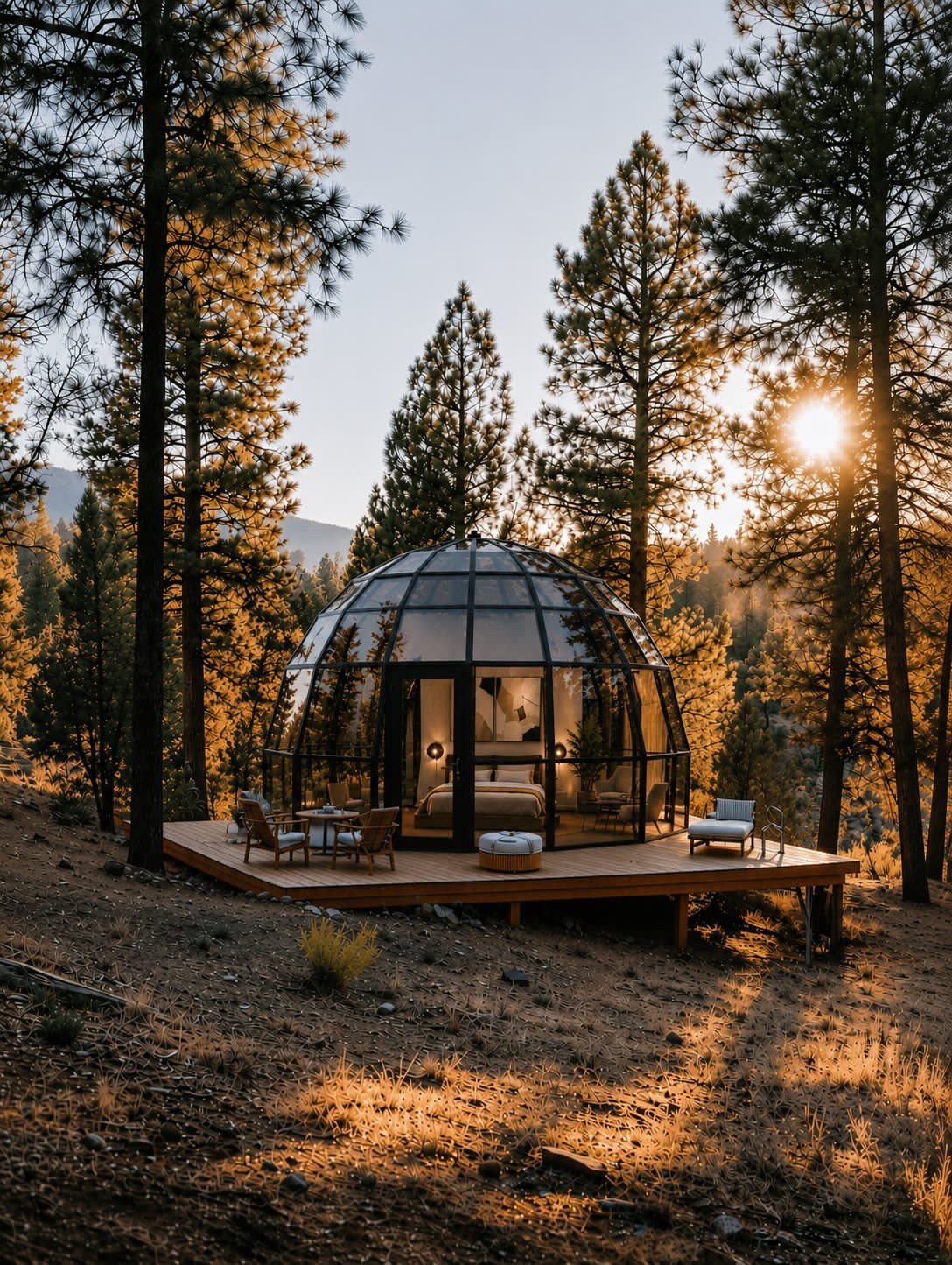 A SkyLodge dome at sunset, lit from inside
