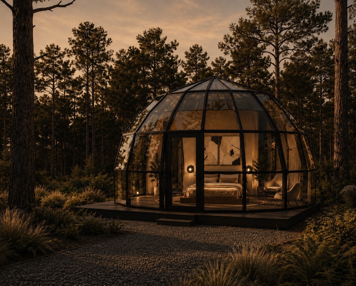 SkyLodge 6 in a pine forest at dusk, the bedroom lit from within
