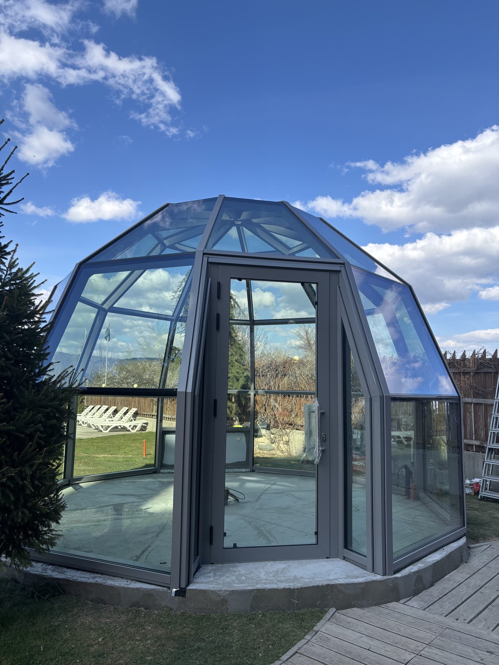 The actual SkyLodge 5 on its deck, with the door open